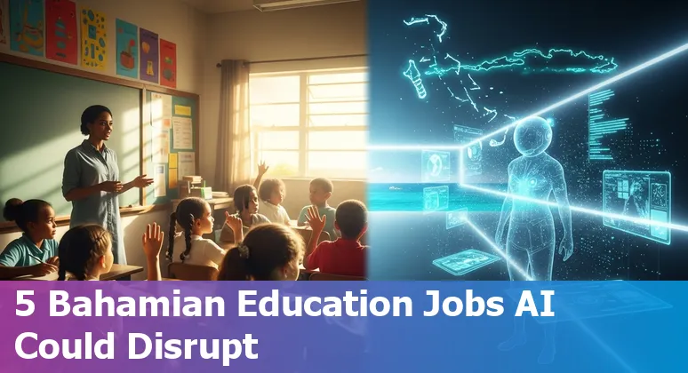 Bahamian school reception and teachers using AI tools on laptops, illustrating jobs at risk and upskilling strategies.