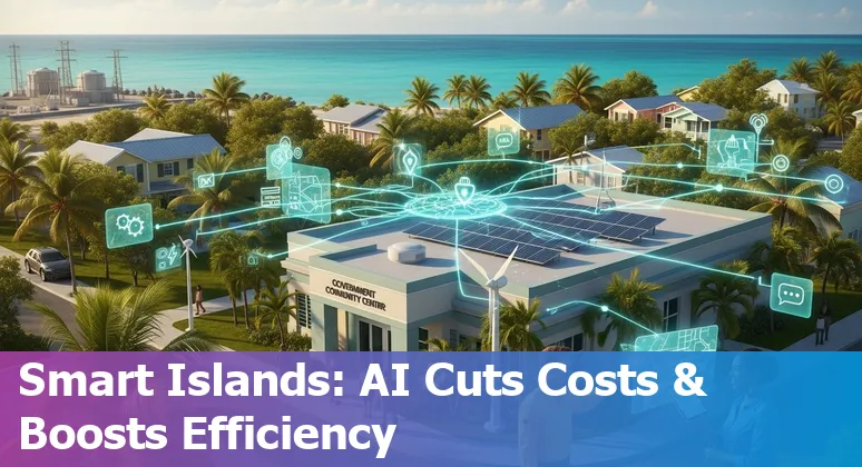 Illustration of AI tools (chatbot, predictive maintenance dashboard) helping government companies in the Bahamas