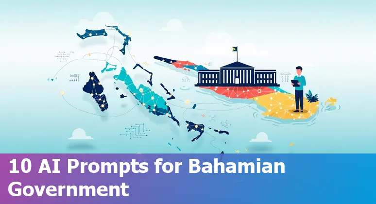 Illustration of AI supporting Bahamian government services: chatbot, emergency response, data analytics, and infrastructure monitoring.