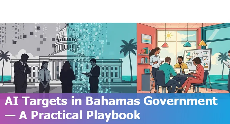 Bahamian government office worker reviewing documents with AI and automation icons overlay, Nassau skyline in background