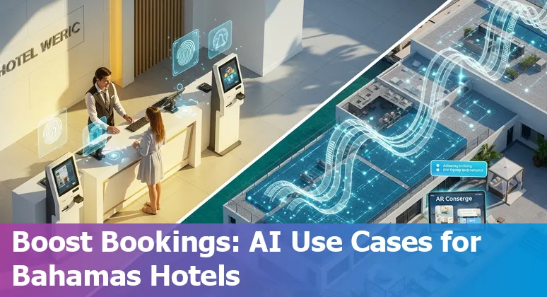 Guests using AI-powered hotel services in the Bahamas: virtual concierge on phone, smart room controls, and island tour booking