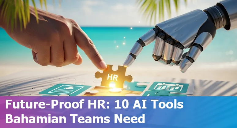 Collage of HR AI tool logos (Paradox, Eightfold, SeekOut, Reejig, Betterworks, Leapsome, Gloat, ChartHop, Coworker.ai, Textio) with Bahamas skyline in background.