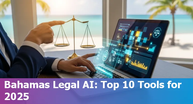 Lawyer using AI tools on laptop with Bahamian flag on desk, showing legal documents and AI icons.