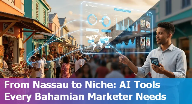 Illustration of a Bahamian marketer using AI tools like HubSpot, Jasper, SurferSEO on laptop with tropical backdrop