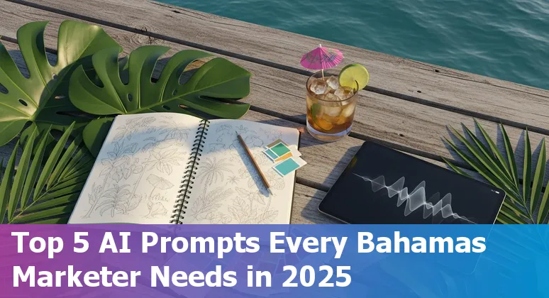 Bahamian marketer using AI prompts on laptop overlooking Nassau harbour, with icons for ChatGPT, Canva and social platforms.