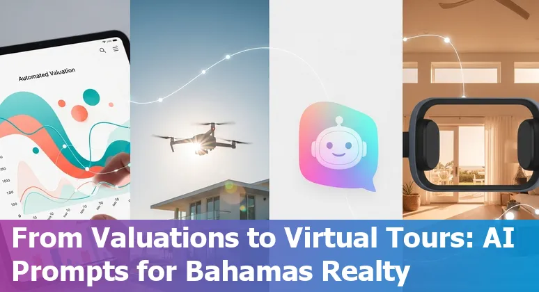 Aerial view of a Bahamian beachfront property with AI interface icons overlay representing real estate technology.