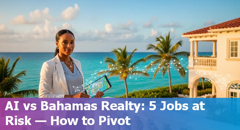 Bahamian real estate agent at a laptop viewing AI-generated listing images with Nassau homes in the background