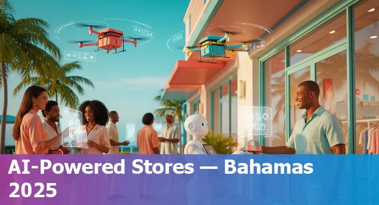 Illustration of AI in retail in the Bahamas 2025 showing a Bahamian store, delivery scooter, and analytics dashboard