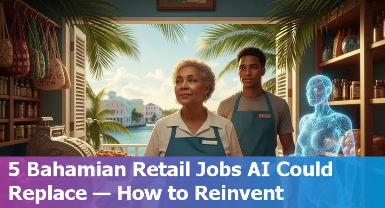 Bahamian retail employees at a store counter with POS terminal and AI/automation icons overlay representing reskilling and digital tools.