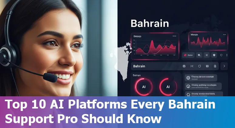 Collage of AI customer service tools logos over Bahrain skyline, illustrating chatbots, analytics and multilingual support.