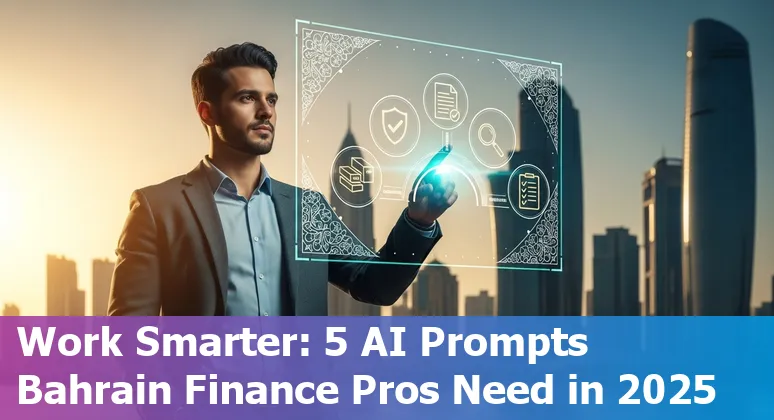Finance professional using AI prompts with Bahrain skyline and Open Data Portal on screen