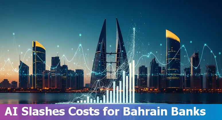 AI dashboard and bank buildings in Bahrain illustrating cost savings and efficiency gains in Bahrain's financial services