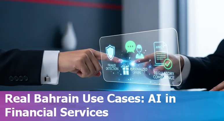 Illustration of AI use cases in Bahrain financial services showing chatbots, BenefitPay, and data dashboards