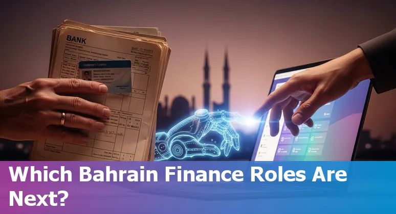 Graphic showing five Bahraini financial‑services roles at risk from AI with short adaptation steps