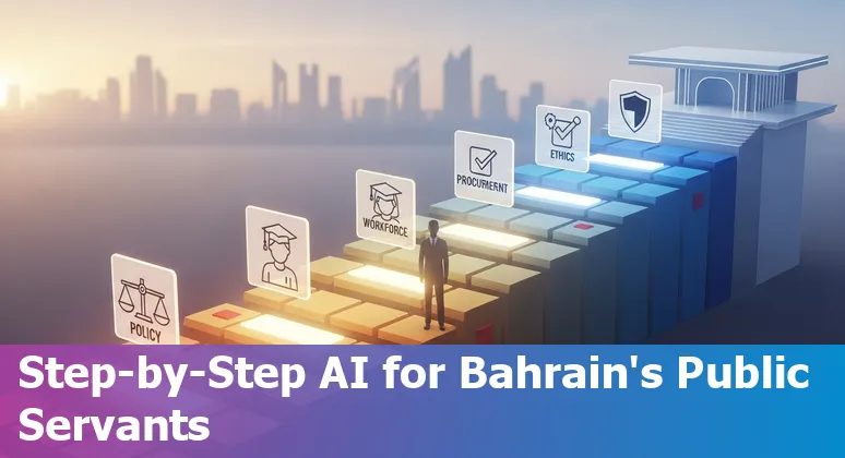 Illustration of AI in Bahrain government: digital services, policy documents, and public-sector workers in Manama, Bahrain