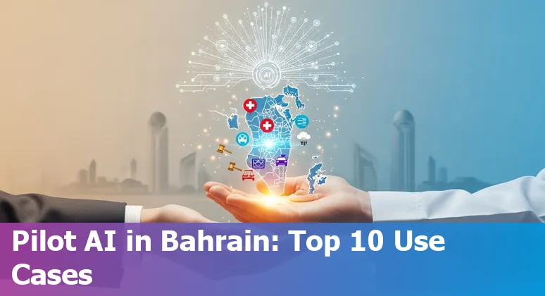 Illustration of Bahrain government AI use cases: chatbots, satellites, courts, energy, and traffic management.