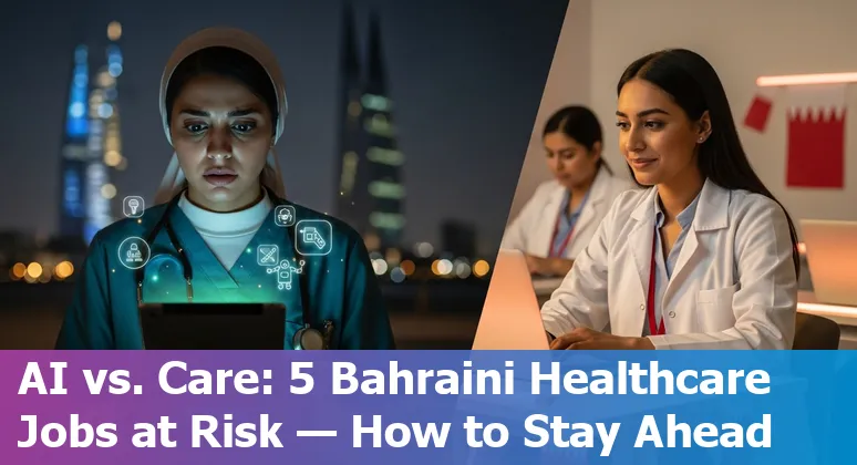 Healthcare workers in Bahrain discussing AI impact with laptop showing charts and hospital in background