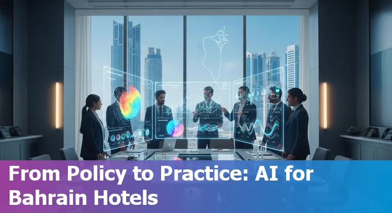 Hotel AI concierge and Manama skyline illustrating AI in the hospitality industry in Bahrain in 2025