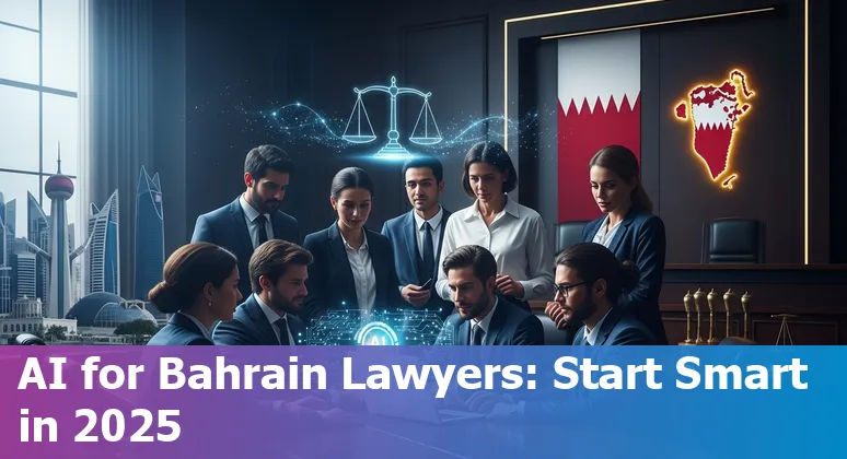 Bahrain 2025: legal professional using AI tools with Bahraini skyline and iGA emblem in background