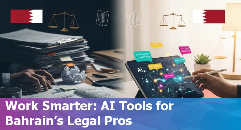 Bahrain legal professional using AI prompts for contract review and court research, with Bahrain landmarks in the background