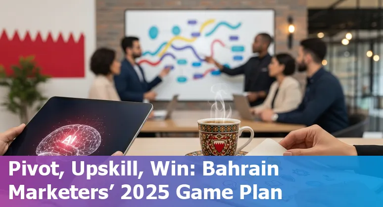 Marketer at laptop using AI tools with Bahrain skyline in the background — Bahrain