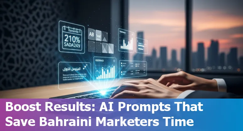 Marketing professional in Bahrain using AI on laptop with Bahrain skyline and social media icons