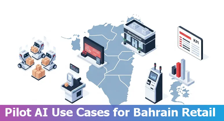 Illustration of AI retail use cases in Bahrain with icons for recommendations, chatbot, pricing, forecasting and sustainability