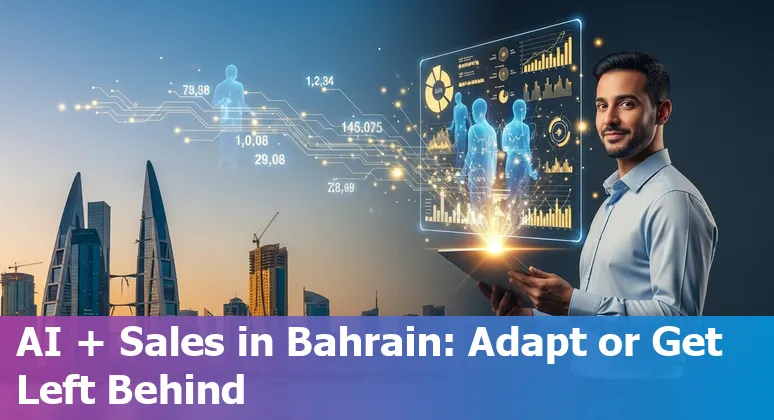 Salesperson using AI tools on laptop in Bahrain skyline — Bahrain, BH
