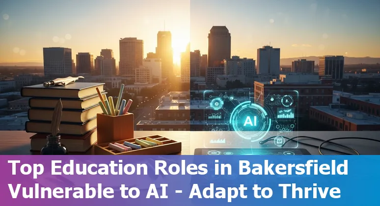 Illustration of AI impacting education jobs in Bakersfield with teachers and digital tools