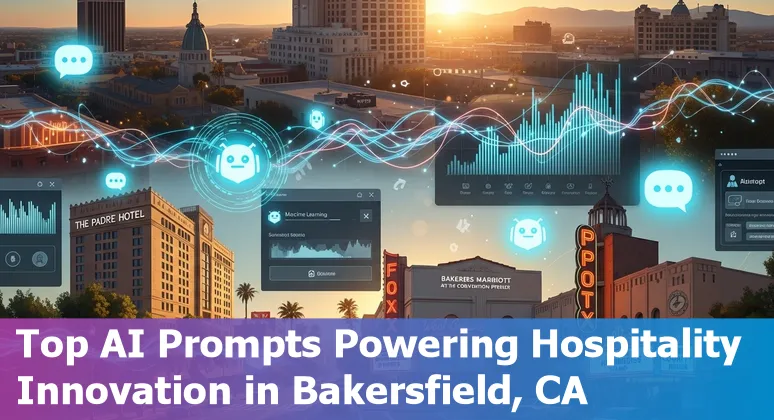 AI technology transforming hospitality industry in Bakersfield, California with digital interfaces and robots assisting guests
