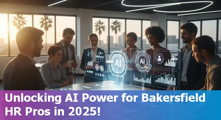 HR professional using AI tools on laptop in Bakersfield, California office in 2025