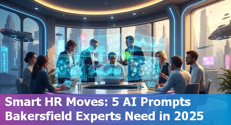 HR professional using AI tools on a laptop with Bakersfield cityscape in the background