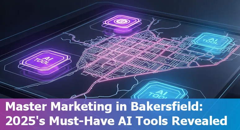 A digital marketing dashboard with AI tools and graphs showing marketing insights and analytics for Bakersfield professionals.