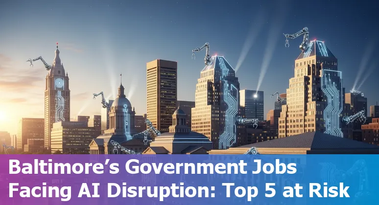 Illustration showing Baltimore government employees adapting to AI technology at work