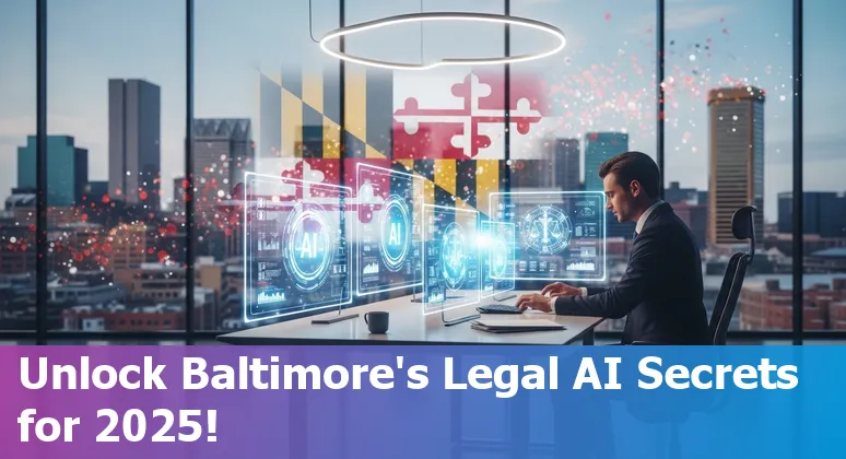 AI technology powering legal professionals in Baltimore with futuristic legal icons and Baltimore skyline background