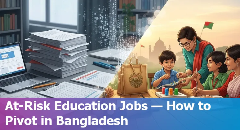 Bangladeshi school staff discussing AI tools with a teacher using a laptop in a classroom