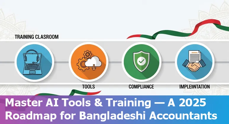 Finance professional using AI dashboard in Bangladesh in 2025, city skyline in background