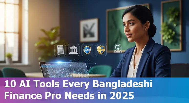 Finance professional using AI tools like ChatGPT and GPT Excel on laptop with Bangladesh flag overlay.