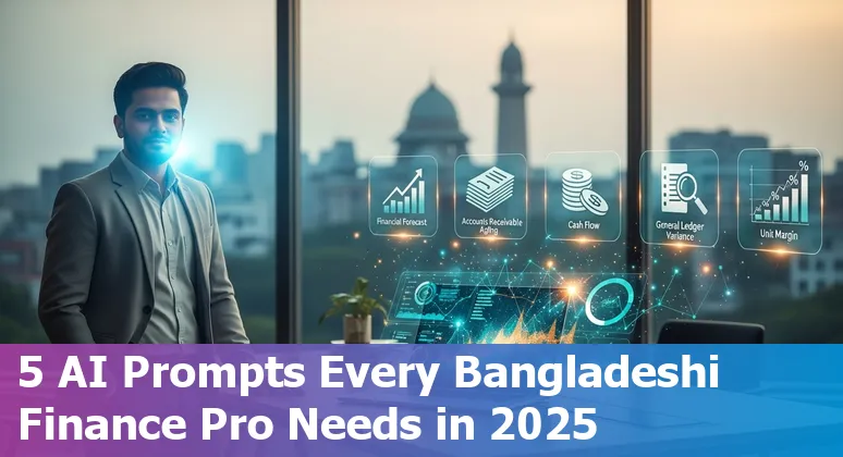 Finance professional in Dhaka using AI prompts on a laptop to review forecasts and cash position.