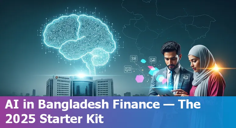 Illustration of AI in Bangladesh financial services 2025 with banking icons, data flows and Dhaka skyline