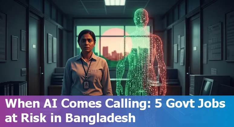Bangladeshi government clerks using tablets and training on AI tools in a community hall