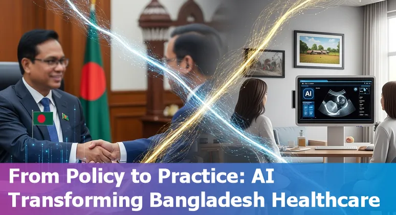 Healthcare AI in Bangladesh 2025: doctor using AI diagnostics dashboard with Dhaka skyline in background