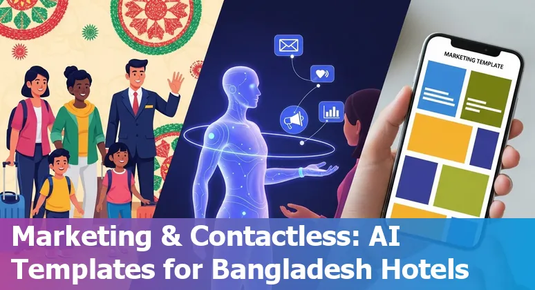 Hotel staff using an AI guest chat app on a tablet with Dhaka skyline and Cox's Bazar beach icons