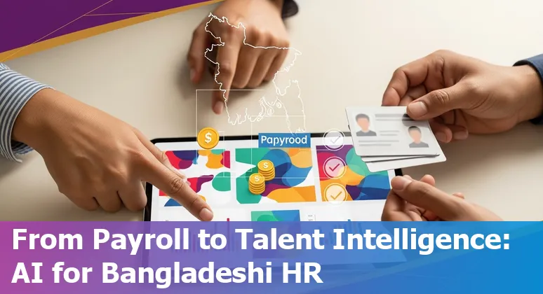 Bangladeshi HR professional reviewing AI tool dashboard with logos of Paradox, Eightfold, HireVue, Leena AI, Lattice, Gloat, ChartHop, Coworker.ai, Deel, PrideHR.