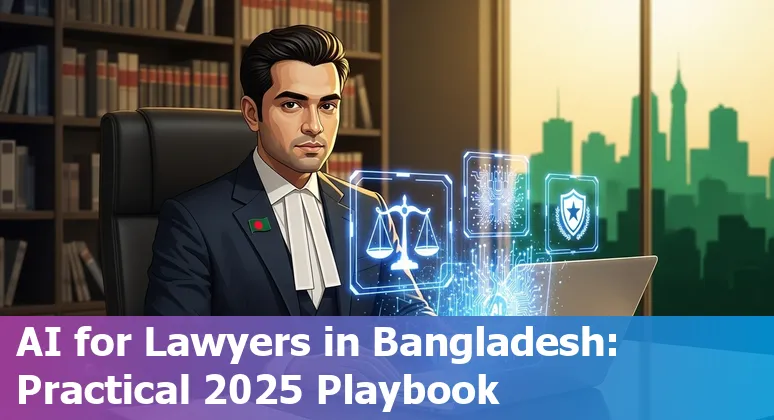 Legal professional using AI tools on a laptop with Bangladesh flag and TRW Law Firm reference in the background in Bangladesh