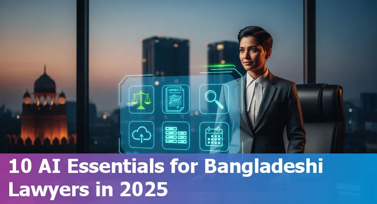 Bangladeshi lawyer using AI tools on laptop with contract and court icons