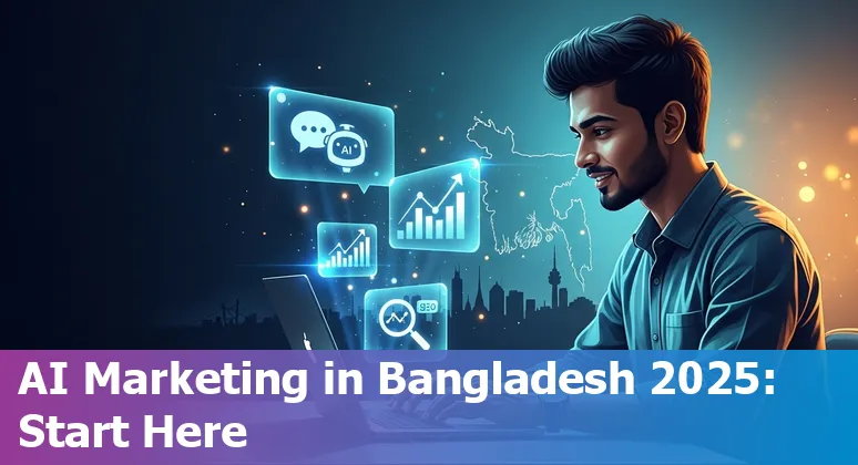 Marketing professional using AI tools in Bangladesh in 2025 with Bengali-English content on screen
