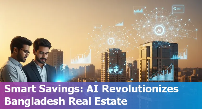 AI-powered real estate dashboard with property analytics and the Dhaka skyline, Bangladesh