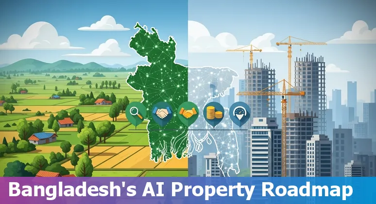 Illustration of AI-driven real estate tools and Dhaka skyline, Bangladesh