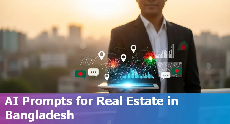 Agent using AI prompts on a laptop with Dhaka skyline in background, showing bilingual listing and data icons.